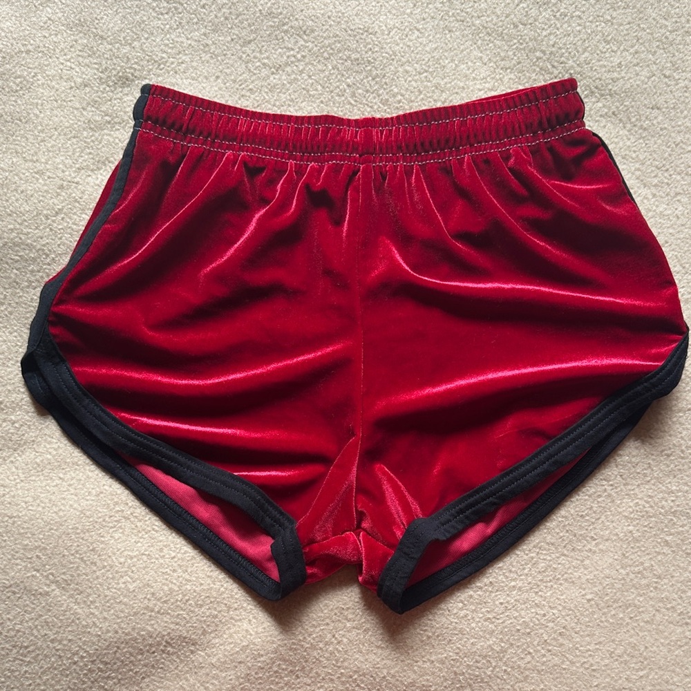 NWOT Men's Red Athletic Velvet Shorts with Black Trim